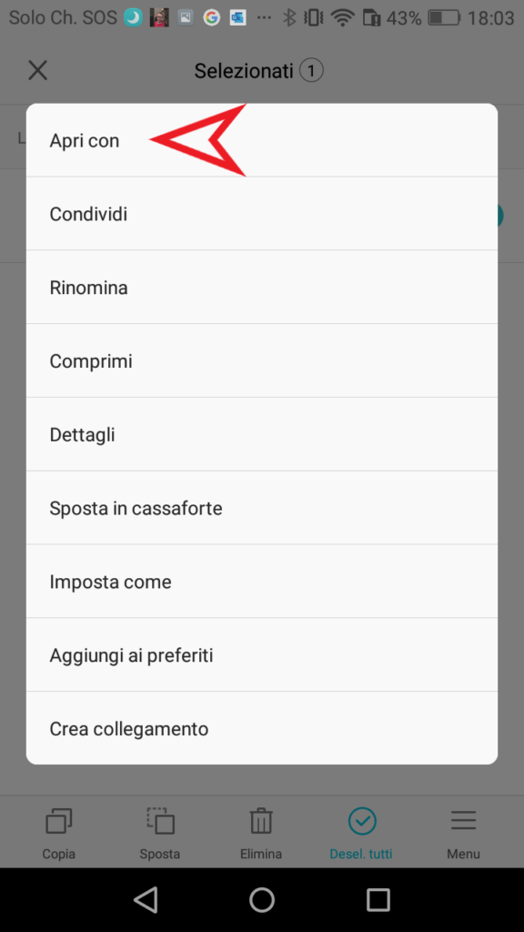 Potrebbe uscire questo menu o il successivo. nel primo caso premere "APRI CON" e si aprirà la schermata successiva.