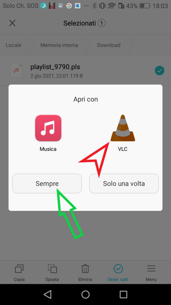 Potrebbe uscire questo menu o il successivo. nel primo caso premere "APRI CON" e si aprirà la schermata successiva.