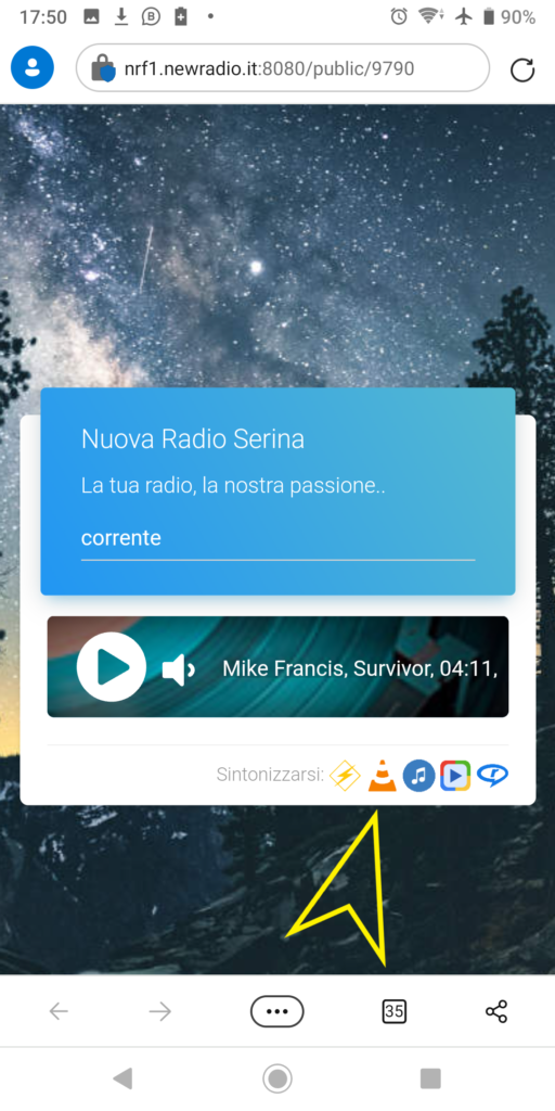 Si aprirà la pagina che permette di ascoltare NRS. prestate attenzione (non succede nulla se sbagliate ma poi non ascoltereste nulla..!) sull'icona con il simbolo di VLC, il cono arancio e bianco